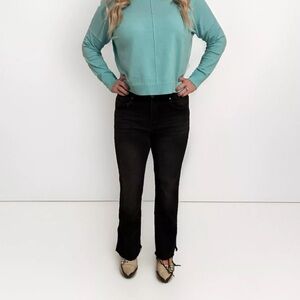 RISEN 29 / 9 RDP1448 Black Denim Jeans Frayed Flare Leg Distressed Stretch Pants